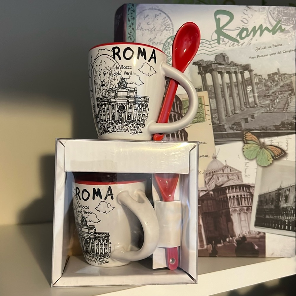 2 Matching Espresso Cups with Spoons NEW from Rome Excellent Condition